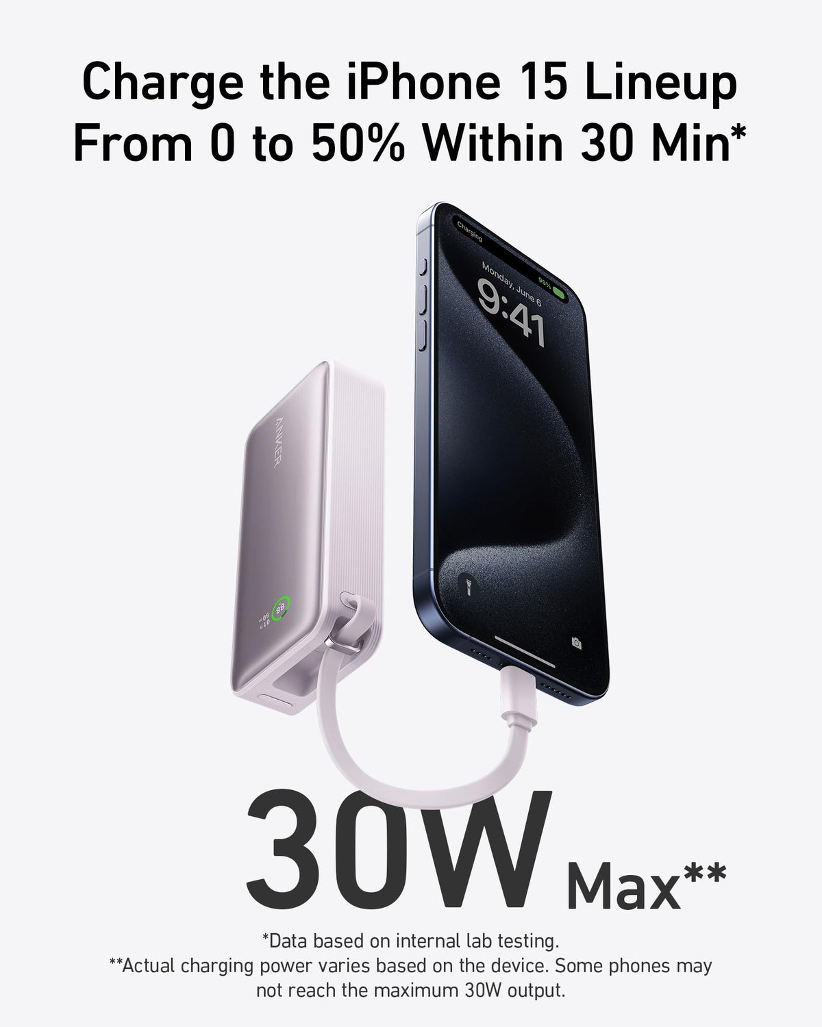 Anker Nano Powerbank (30W, inbyggd USB-C-kabel)