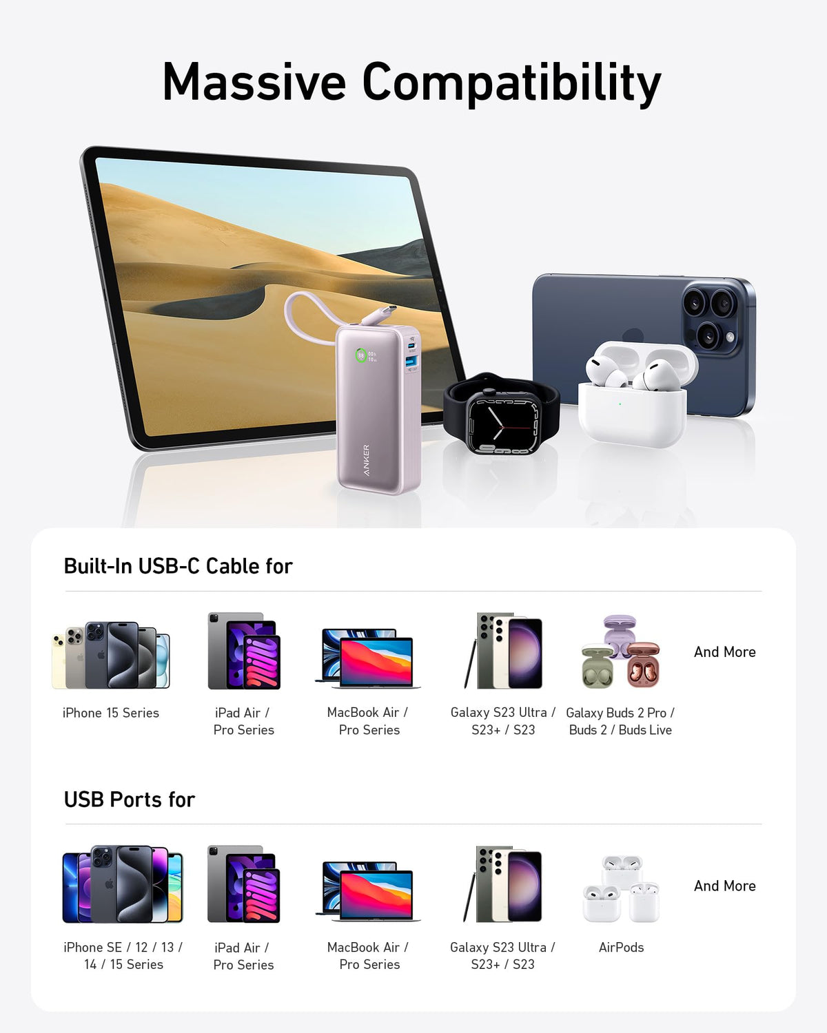 Anker Nano Powerbank (30W, inbyggd USB-C-kabel)