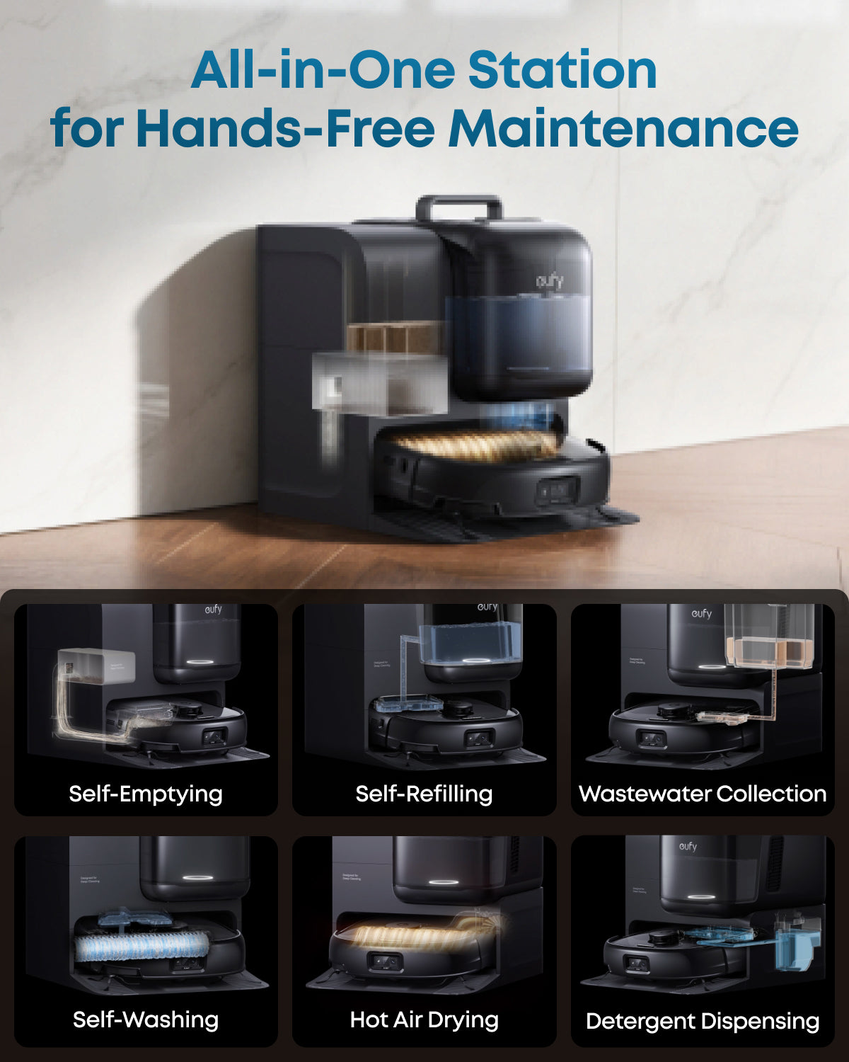 eufy All-in-One Station with hands-free maintenance and multi-step cleaning