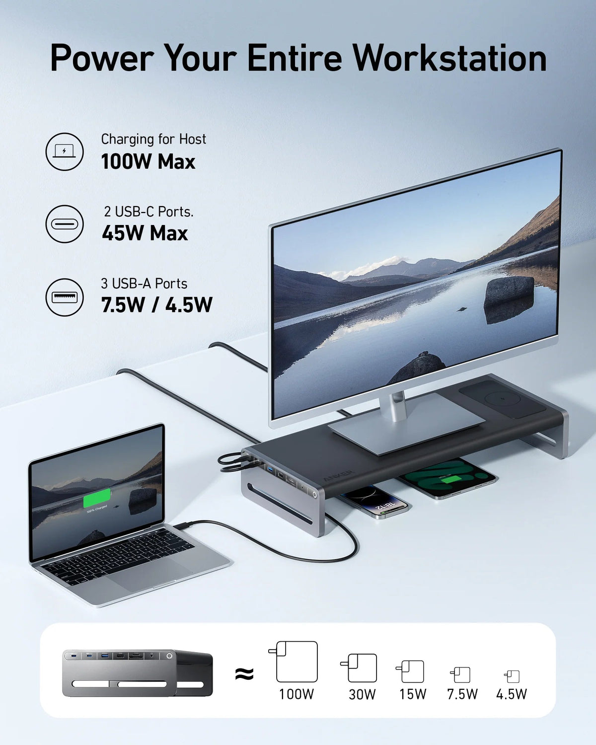 Anker 675 USB-C dockningsstation (12-i-1, skärmstativ, trådlös)