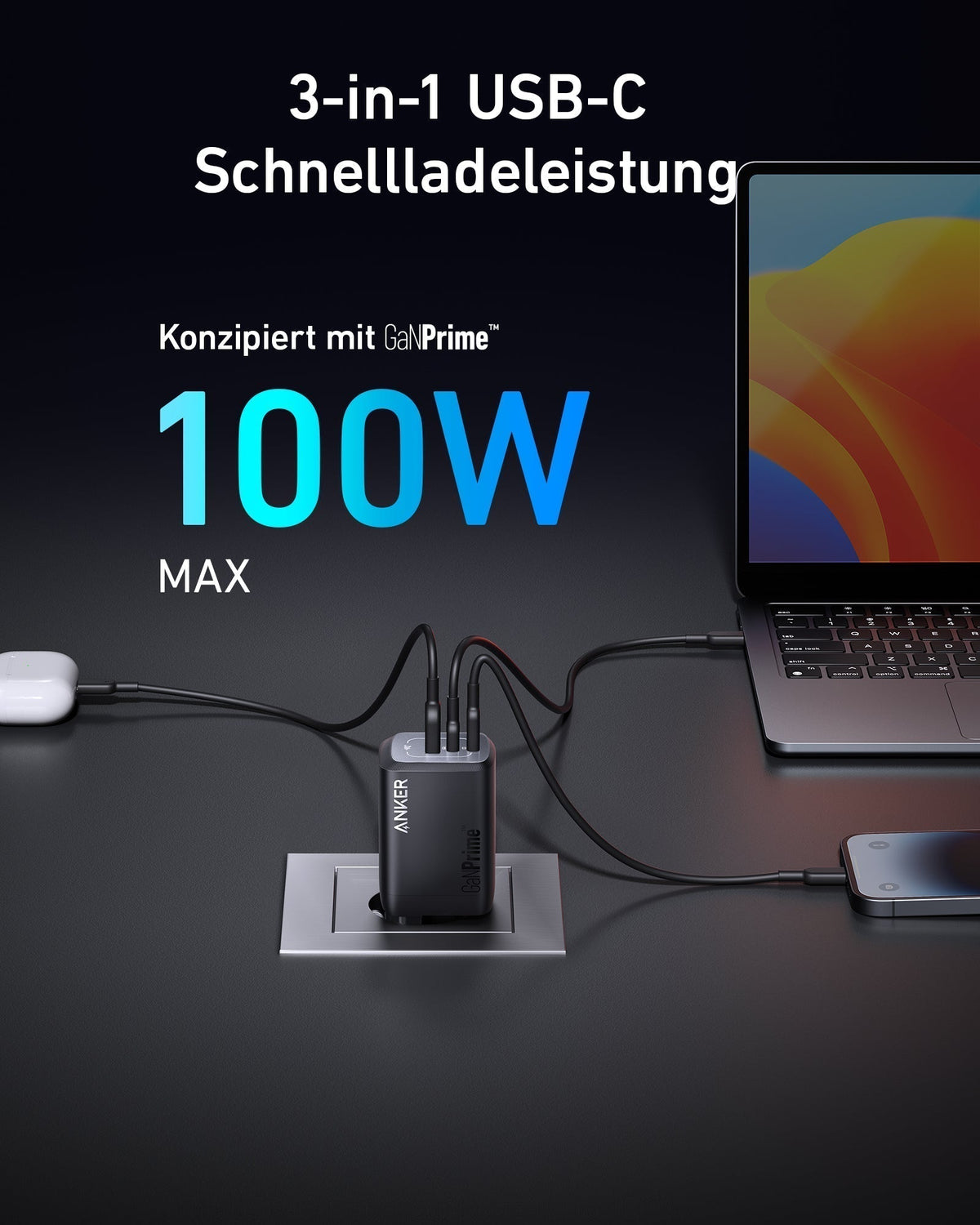 Anker Prime 100W GaN-väggladdare (3 portar)