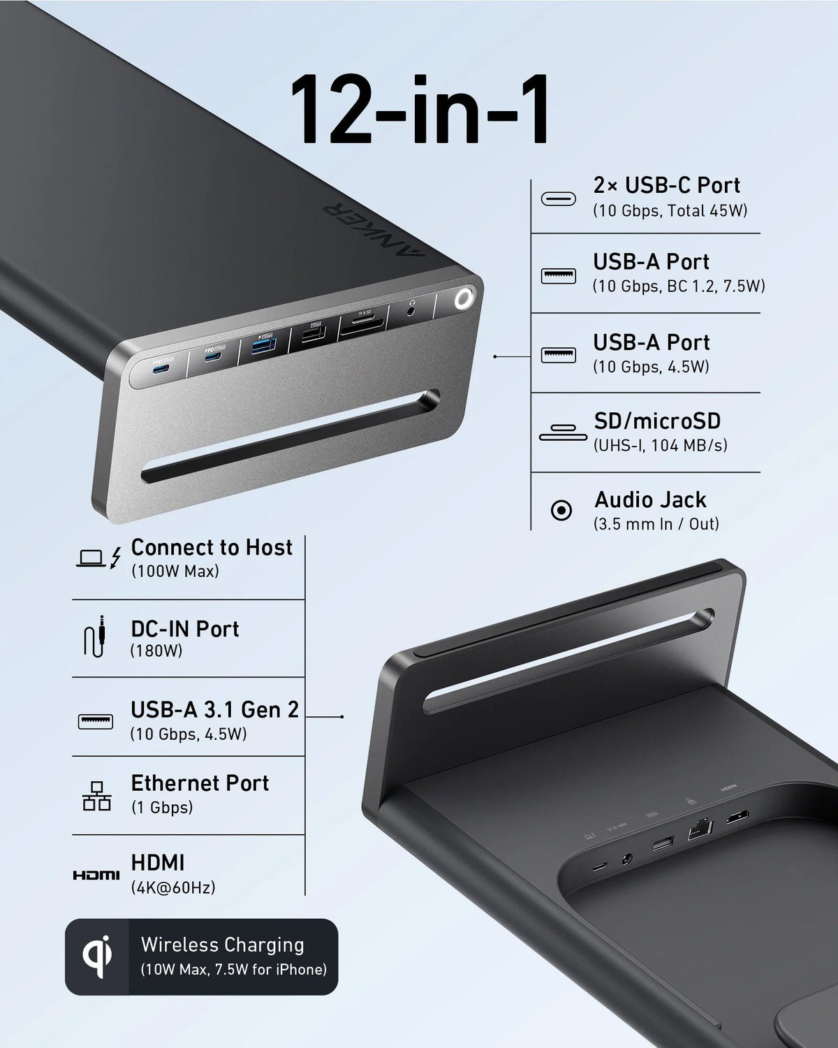 Anker 675 USB-C dockningsstation (12-i-1, skärmstativ, trådlös)