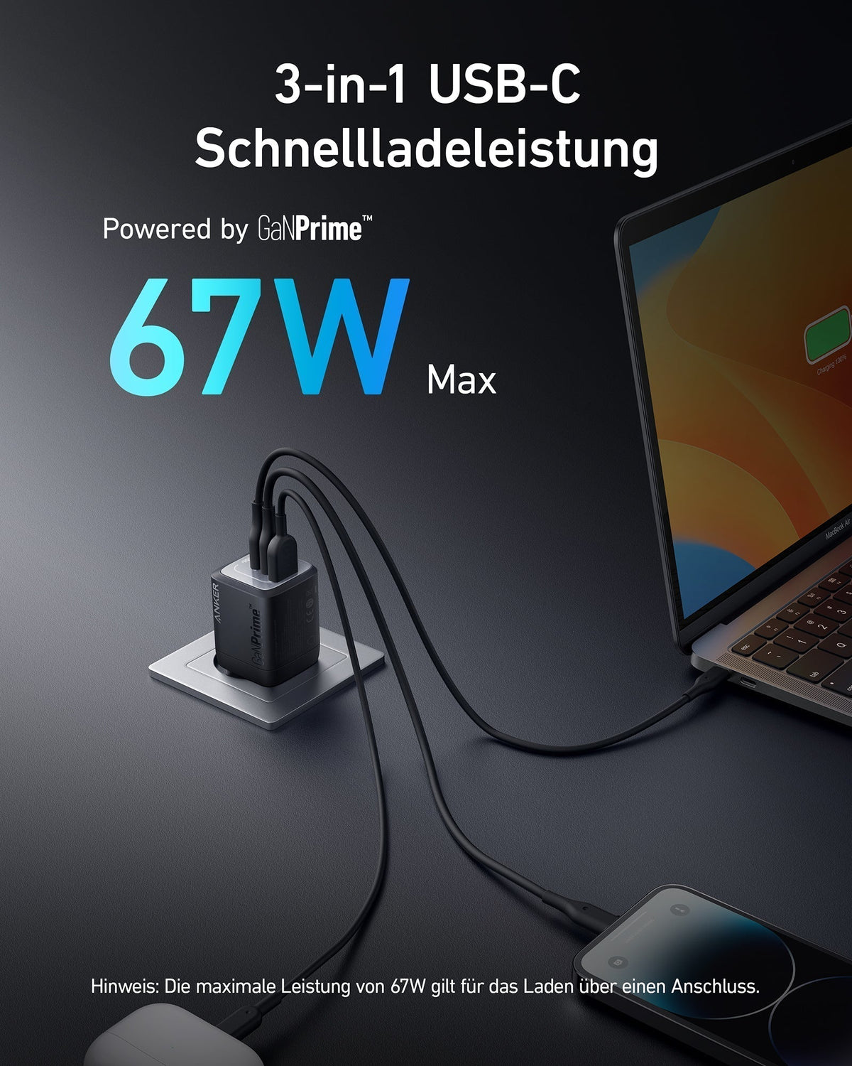 Anker Prime 67W GaN-väggladdare (3 portar)