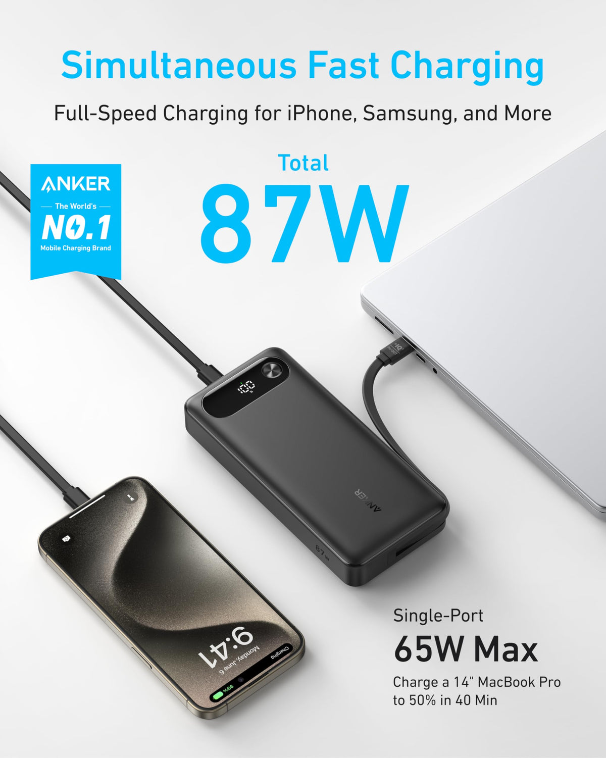 Anker Powerbank (20K, 87W, inbyggd USB-C-kabel)