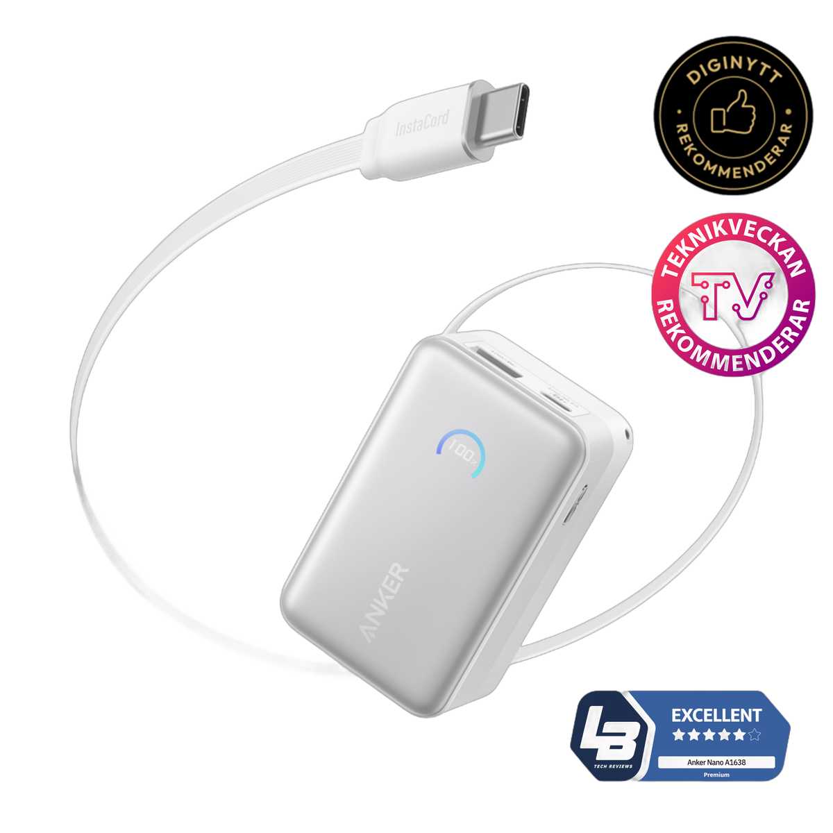 Anker Nano Powerbank (10K, 45W, inbyggd utdragbar USB-C-kabel)