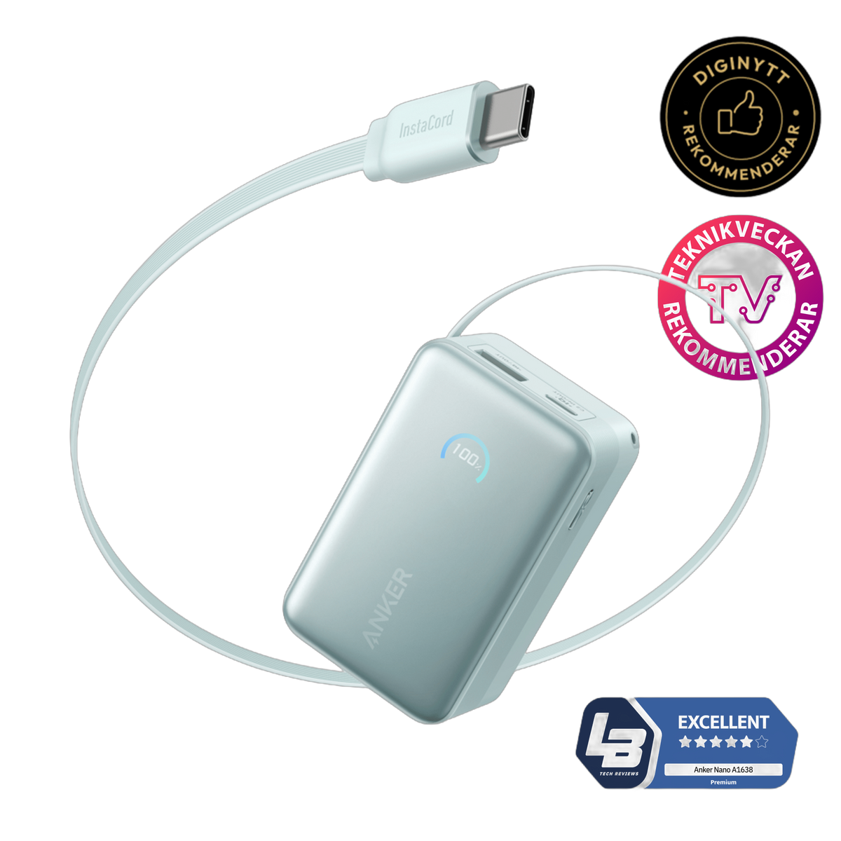 Anker Nano Powerbank (10K, 45W, inbyggd utdragbar USB-C-kabel)