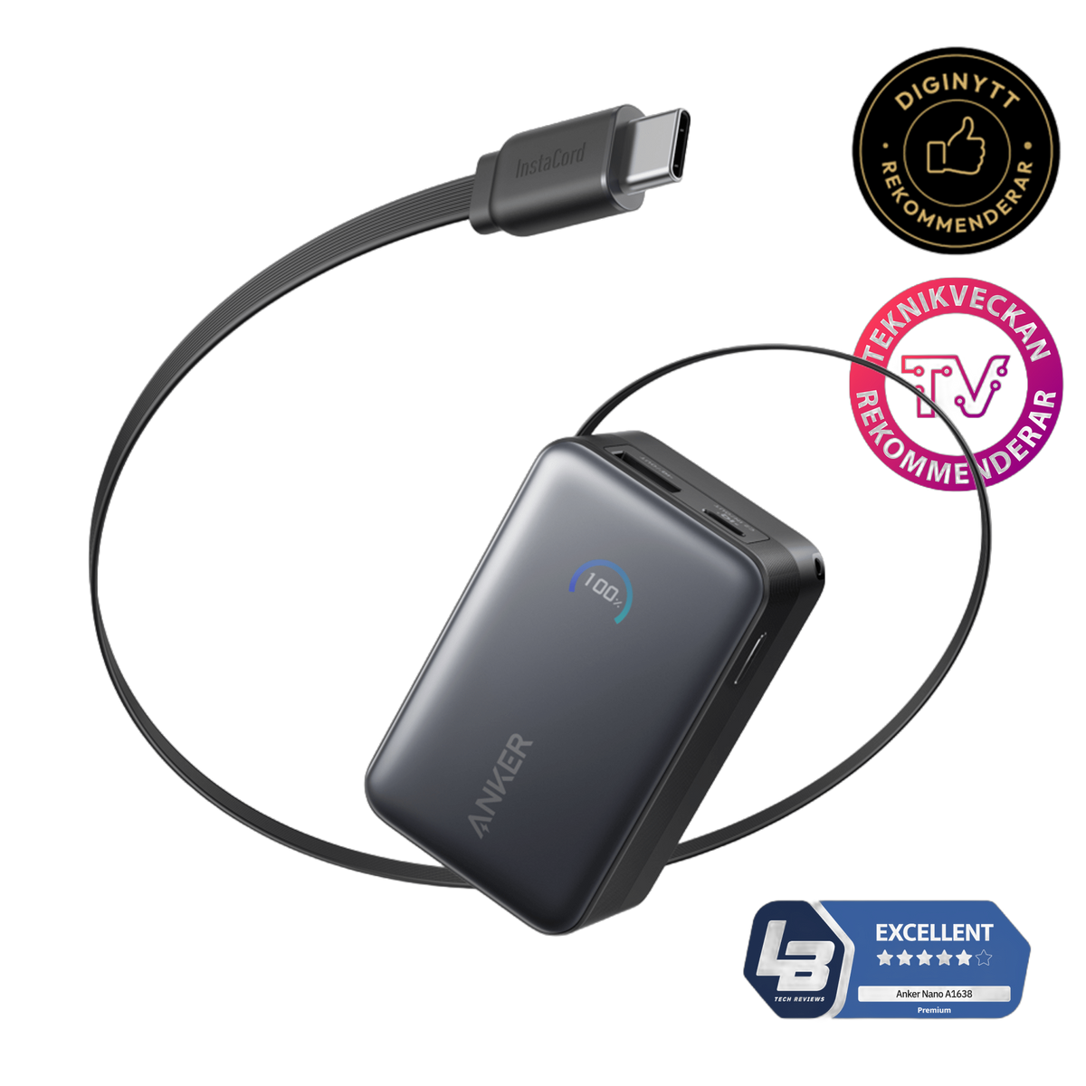 Anker Nano Powerbank (10K, 45W, inbyggd utdragbar USB-C-kabel)