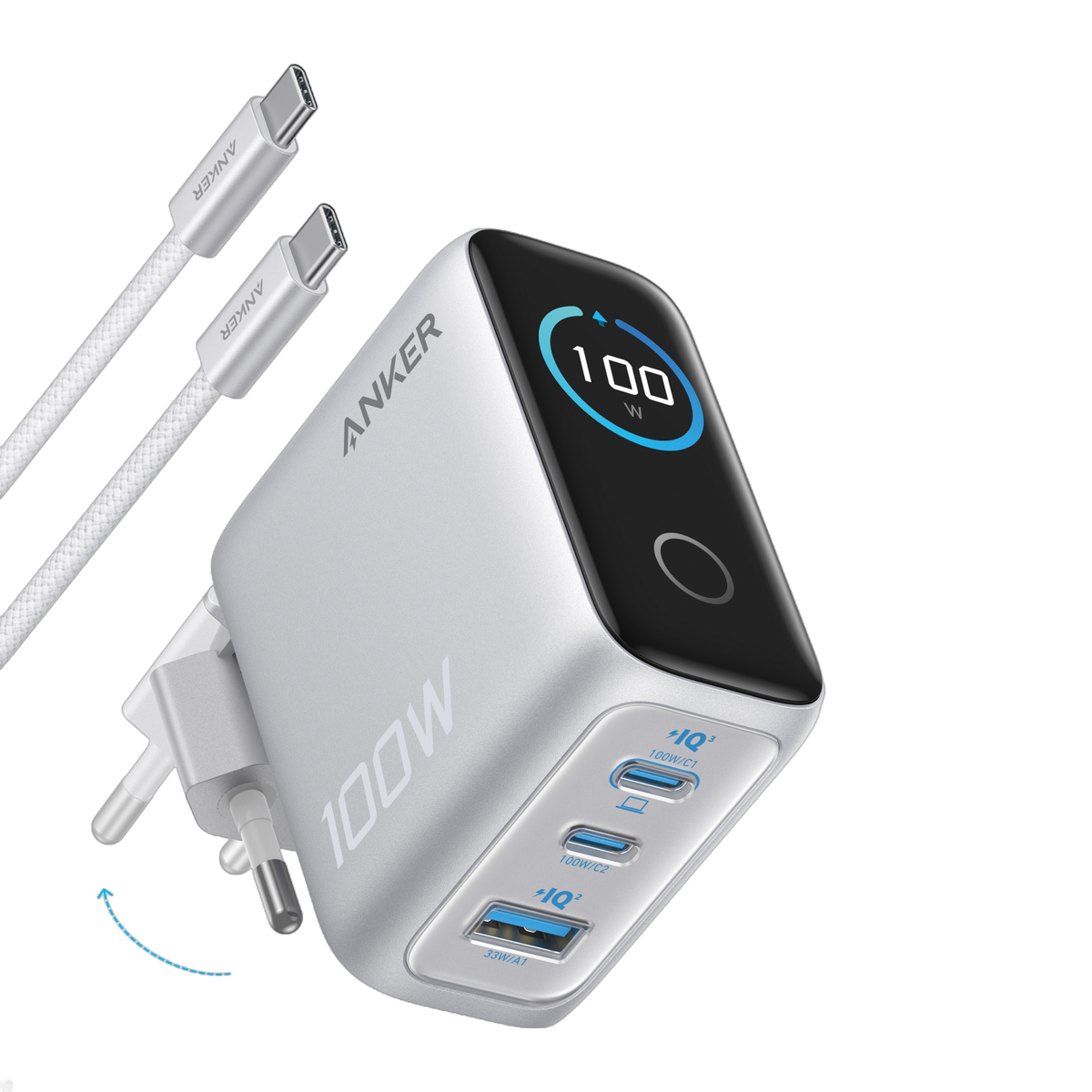 Anker-laddare (100W, 3 portar, smart skärm)